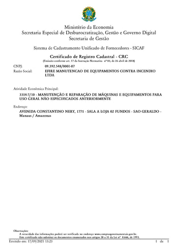 PREGÃO ELETRÔNICO Nº 041/2021 – HABILITAÇÃO - SICAF E CNDT - EFIRE