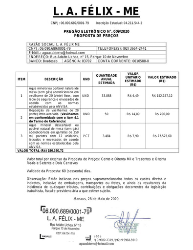 PREGÃO ELETRÔNICO Nº 009/2020 - PROPOSTA RETIFICADA - L A FELIX