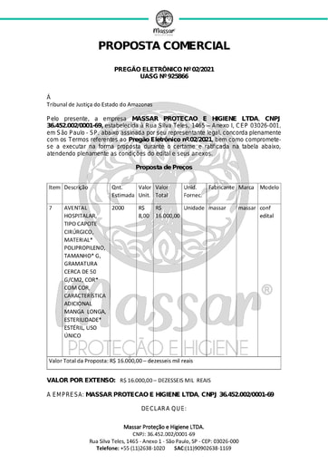 PREGÃO ELETRÔNICO Nº 002/2021 – PROPOSTA  - ITEM 7 - MASSAR PROTEÇÃO