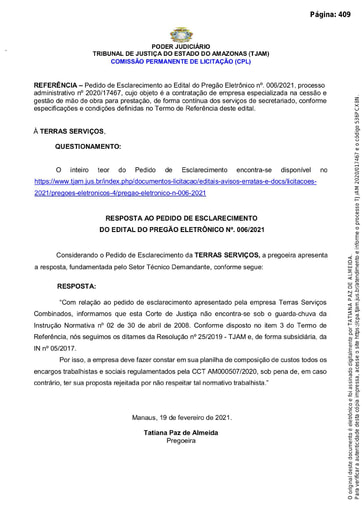 PREGÃO ELETRÔNICO Nº 006/2021 – RESPOSTA AO PEDIDO DE ESCLARECIMENTO - TERRAS SERVIÇOS
