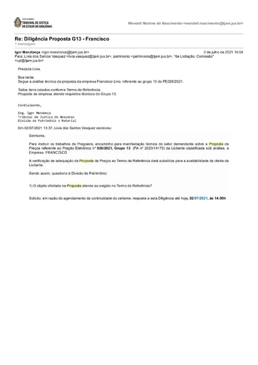 PREGÃO ELETRÔNICO Nº 026/2021 - DILIGÊNCIA CPL À DIVISÃO DE PATRIMÔNIO - PROPOSTA - GRUPO 13 - FRANCISCO LINO