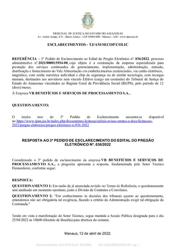 PREGÃO ELETRÔNICO Nº 036/2022 - RESPOSTA AO 3º PEDIDO DE ESCLARECIMENTO - VR BENEFÍCIOS