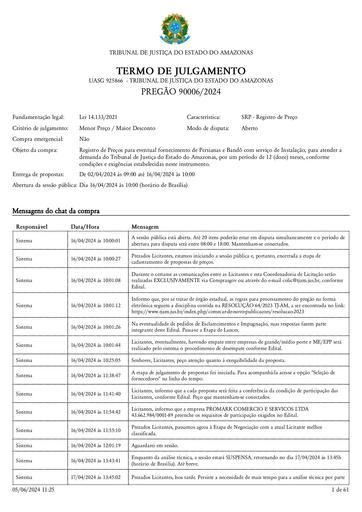 PREGÃO ELETRÔNICO Nº 006/2024 - TERMO DE JULGAMENTO - ATA DA SESSÃO