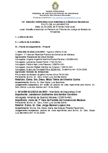 12ª Sessão Ordinária de Julgamento das E. Câmaras Reunidas - 22.04.2026, às 9:00 (hora local)