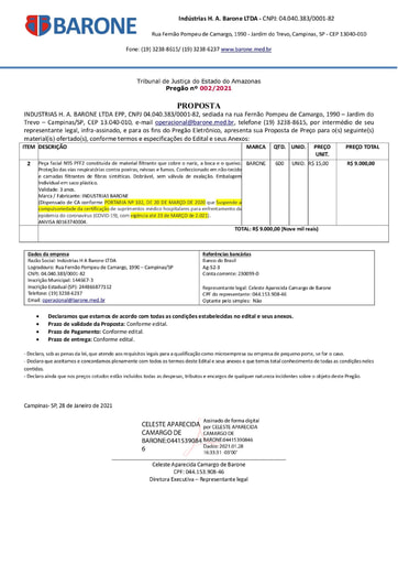 PREGÃO ELETRÔNICO Nº 002/2021 - PROPOSTA - ITEM 2 - INDUSTRIAS H