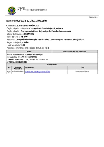 Lista de vacância das serventias extrajudiciais do Amazonas homologada, em 09/07/2021, pela Corregedora-Geral de Justiça