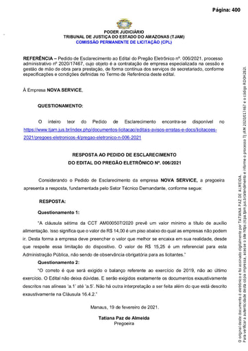 PREGÃO ELETRÔNICO Nº 006/2021 – RESPOSTA AO PEDIDO DE ESCLARECIMENTO - NOVA SERVICE
