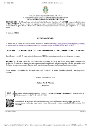 PREGÃO ELETRÔNICO Nº 031/2022 - RESPOSTA  AO PEDIDO DE ESCLARECIMENTO - XPON