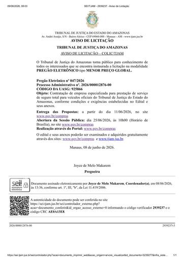 PREGÃO ELETRÔNICO Nº 047/2026 - AVISO DE LICITAÇÃO
