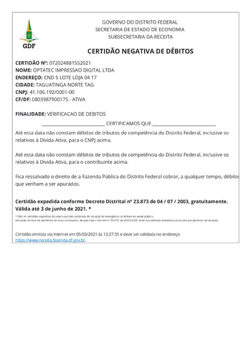 PREGÃO ELETRÔNICO Nº 023/2021 - DOCS. RETIRADOS DO SICAF E SITES - OPTATEC - GRUPOS 1, 3, 5, 8 e ITENS 69, 70 e 71