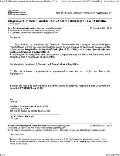 PREGÃO ELETRÔNICO Nº 017/2021 - DILIGÊNCIA CPL À DIVISÃO DE INFRAESTRUTURA E LOGÍSTICA - DOC. COMPLEMENTAR - Y A DA ROCHA