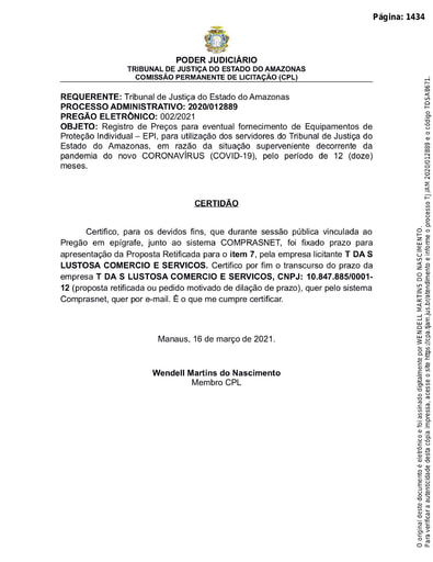 PREGÃO ELETRÔNICO Nº 002/2021 - CERTIDÃO DECURSO DE PRAZO - PROPOSTA RETIFICADA - ITEM 7 - T DA S LUSTOSA