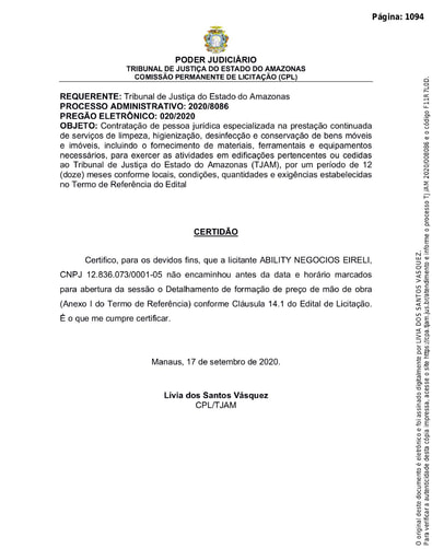 PREGÃO ELETRÔNICO Nº 020/2020 - CERTIDÃO - ABILITY NEGÓCIOS