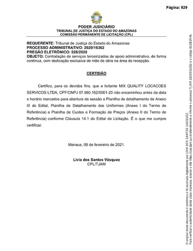 PREGÃO ELETRÔNICO Nº 028/2020 - CERTIDÃO - MIX QUALITY
