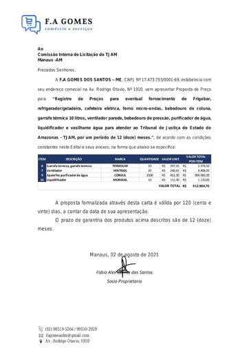 PREGÃO ELETRÔNICO Nº 037/2021 - PROPOSTA - ITEM 10 - F A GOMES