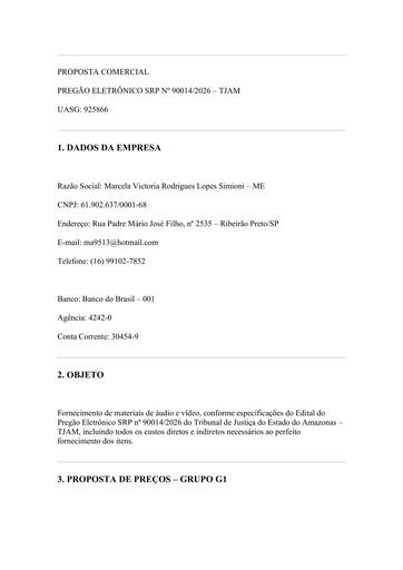 PREGÃO ELETRÔNICO Nº 014/2026 - PROPOSTA - MARCELA - G1